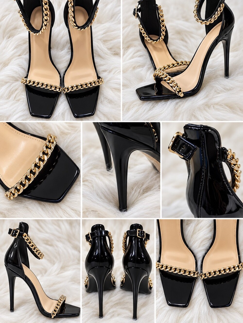 Black Patent Gold Chain Square Toe Stiletto Heels Ankle Strap Sandals Size 8